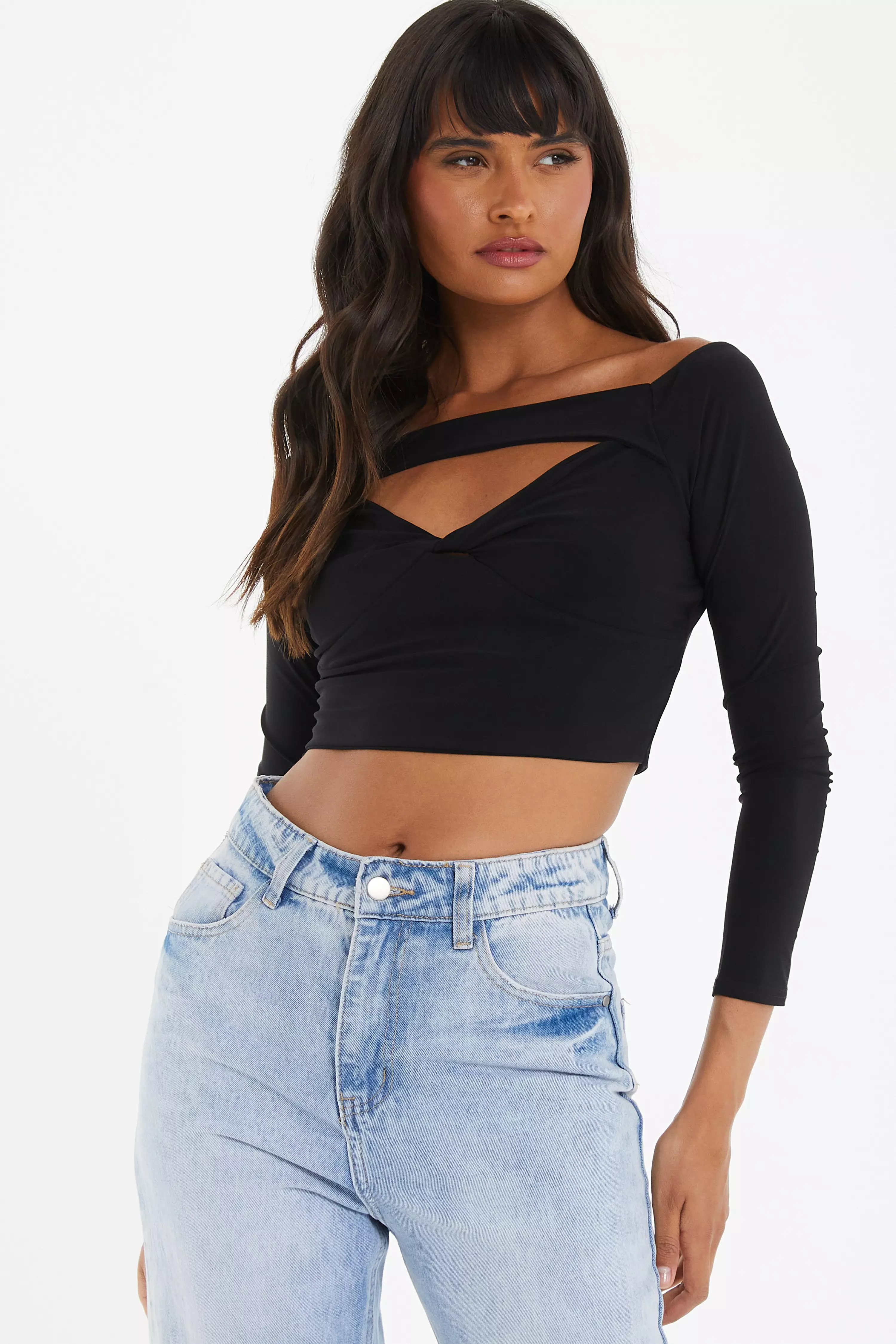 Black Bardot Cut Out Crop Top