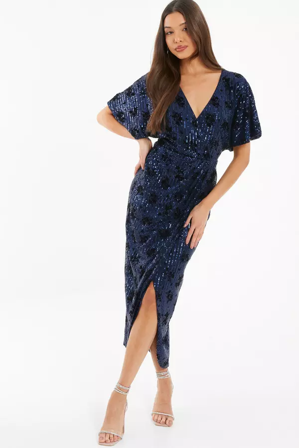 Navy Floral Sequin Wrap Batwing Midi Dress