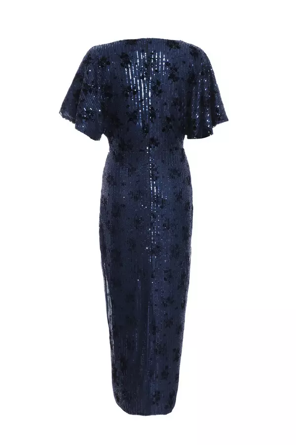 Navy Floral Sequin Wrap Batwing Midi Dress