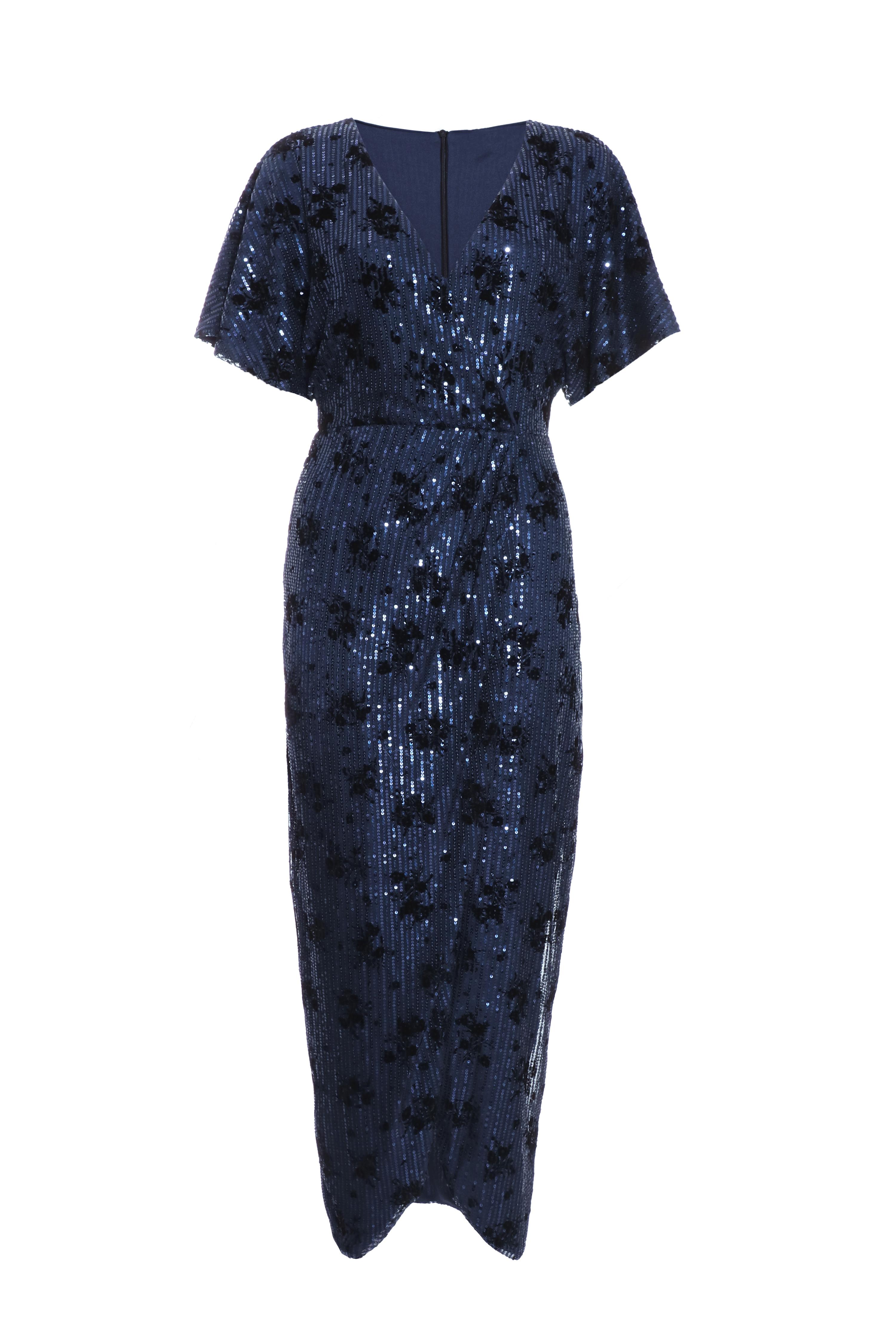 Navy Floral Sequin Wrap Batwing Midi Dress - QUIZ Clothing