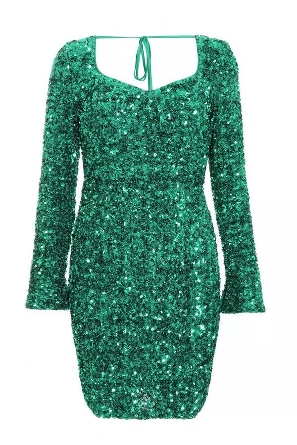 Jade Green Sequin Flute Sleeve Mini Dress