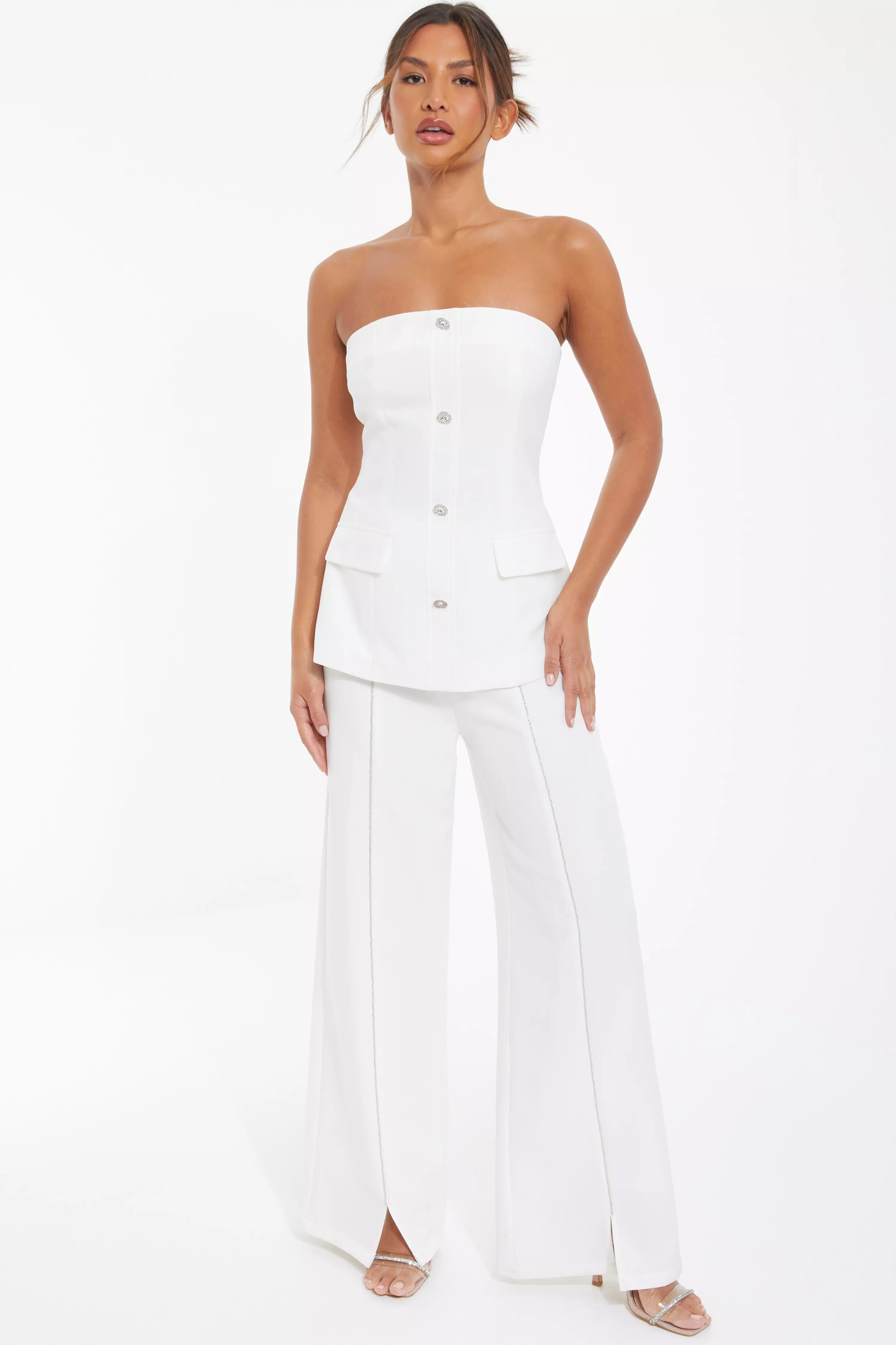 White Embellished Trim Wide Leg Trousers