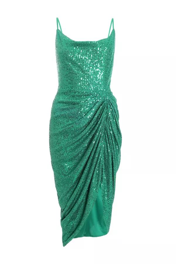 Jade Green Sequin Ruched Midi Dress