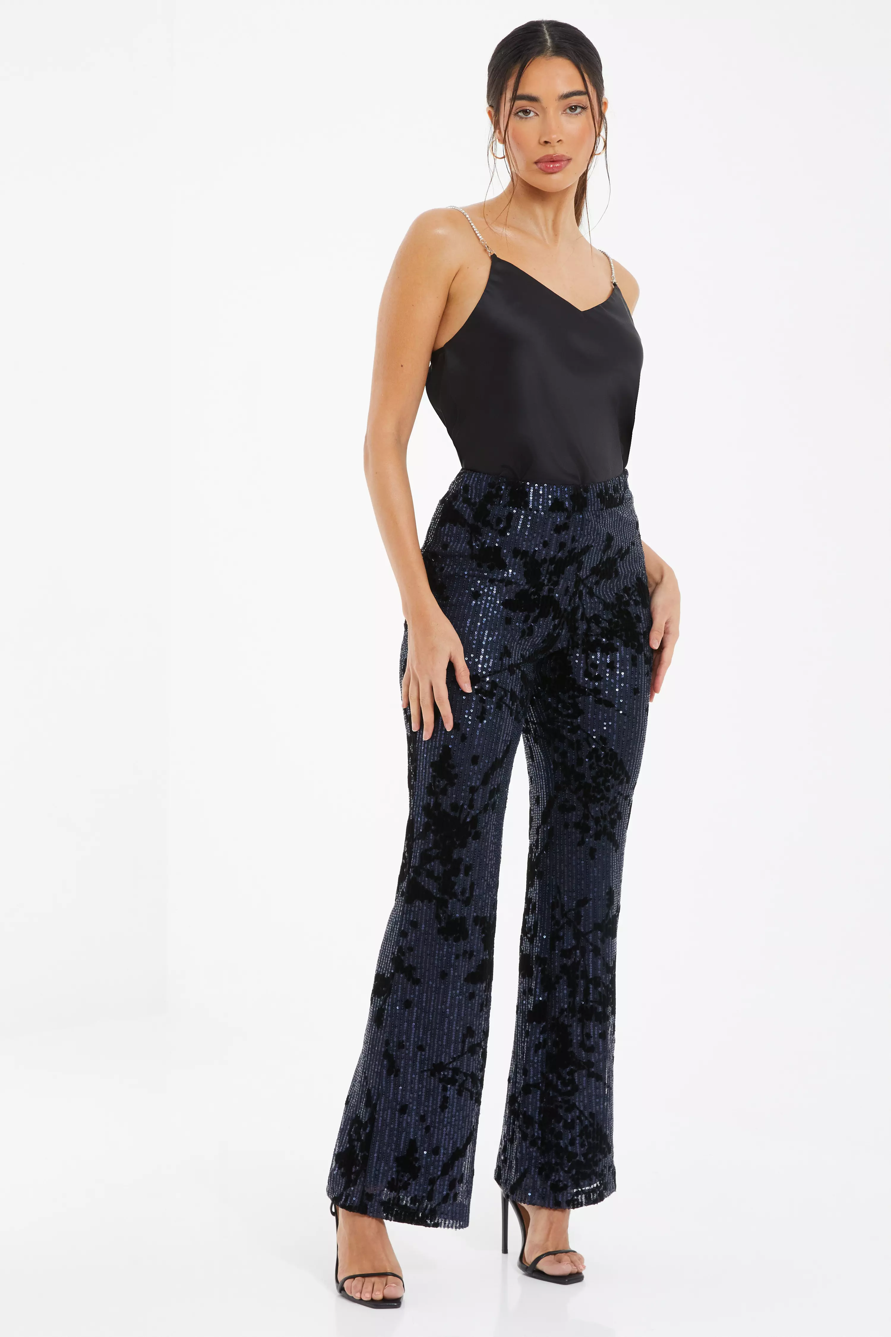 Black Velvet Button Front Palazzo Trousers QUIZ Clothing