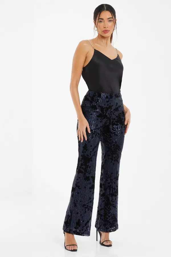 Navy Sequin Flocked Flared Trousers