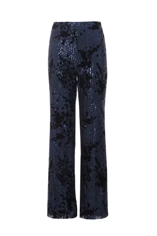 Navy Sequin Flocked Flared Trousers