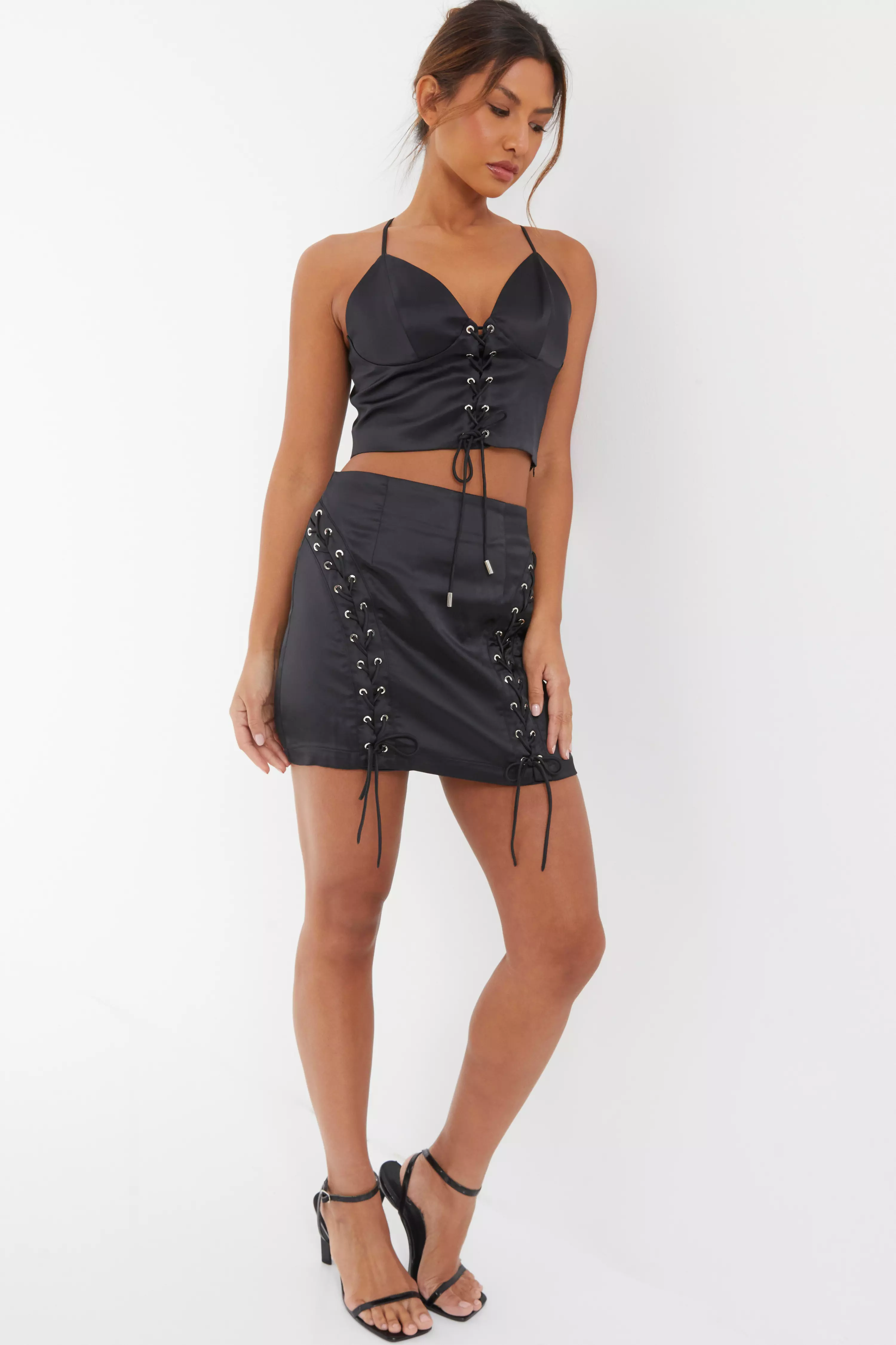 Black Satin Lace Up Mini Skirt