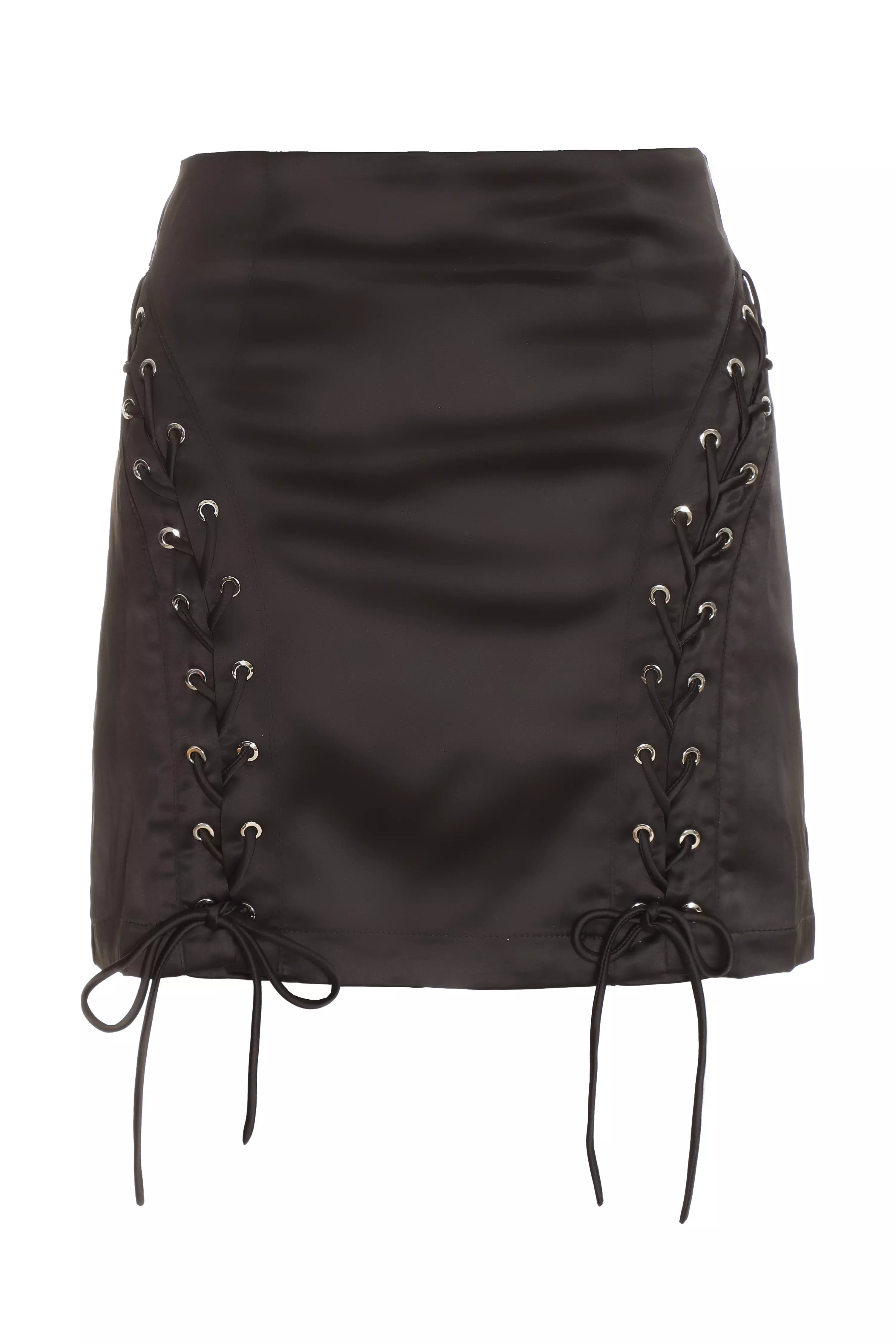 Black Satin Lace Up Mini Skirt