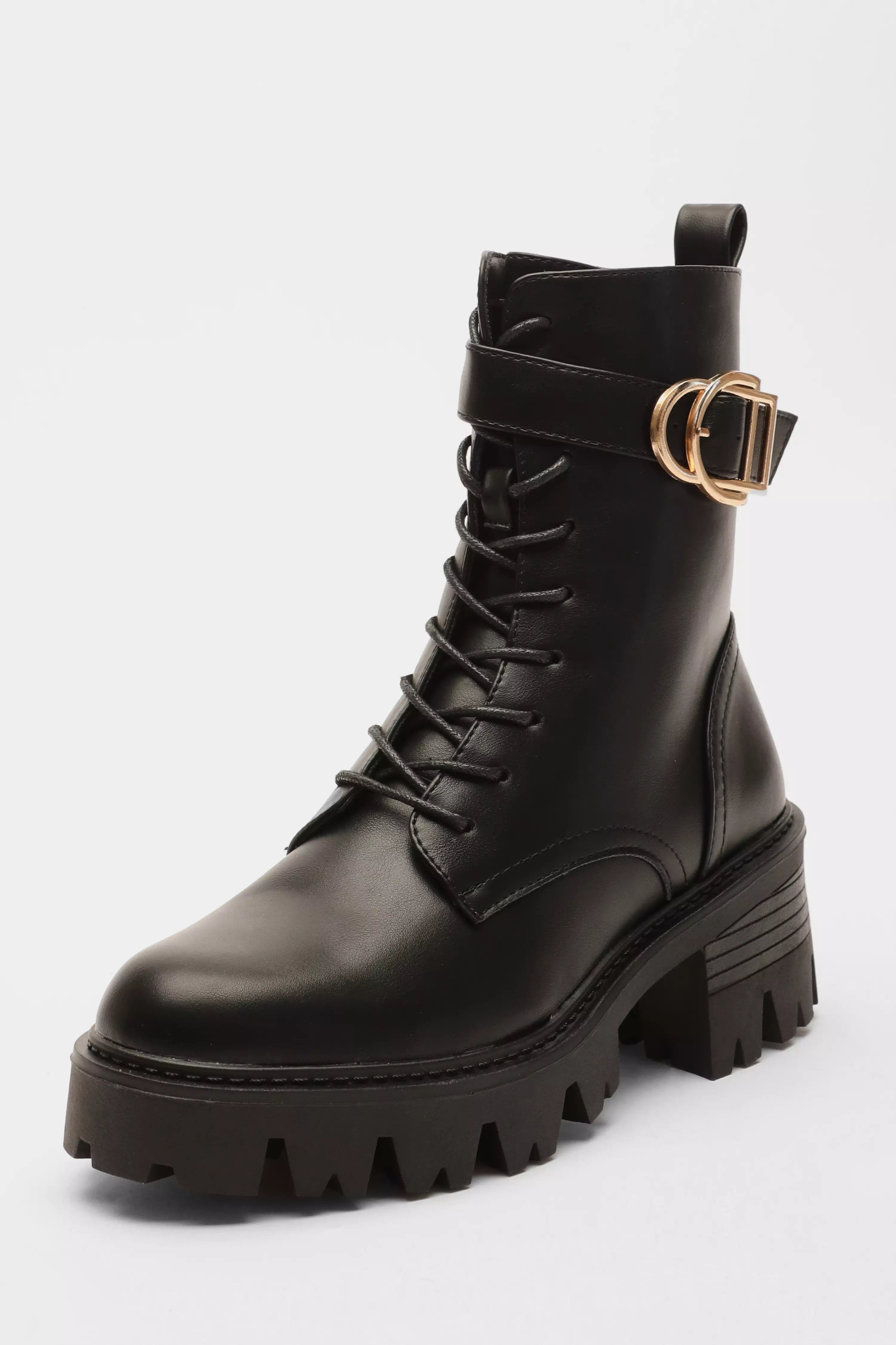 Black Faux Leather Lace Up Buckle Boots