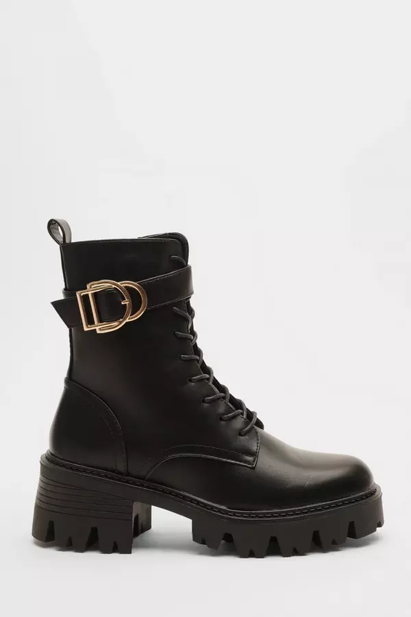 Black Faux Leather Lace Up Buckle Boots