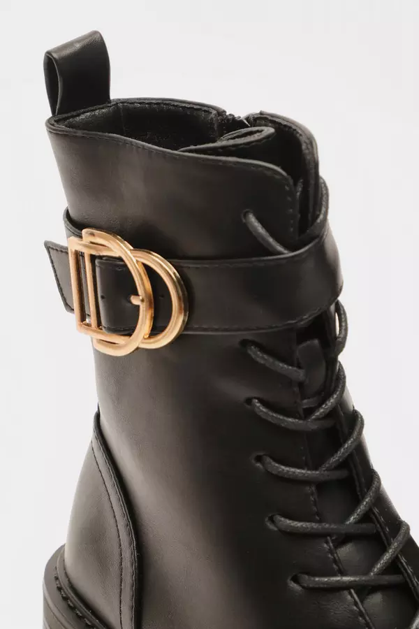 Black Faux Leather Lace Up Buckle Boots