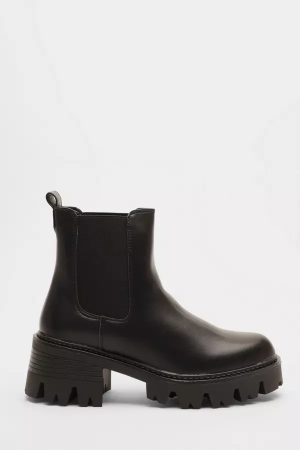 Black Faux Leather Chunky Short Chelsea Boots