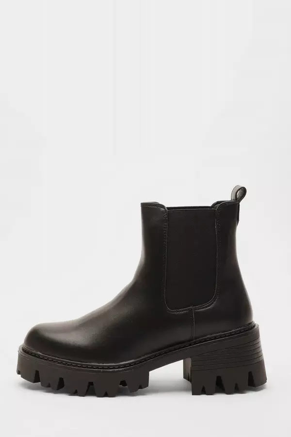 Black Faux Leather Chunky Short Chelsea Boots