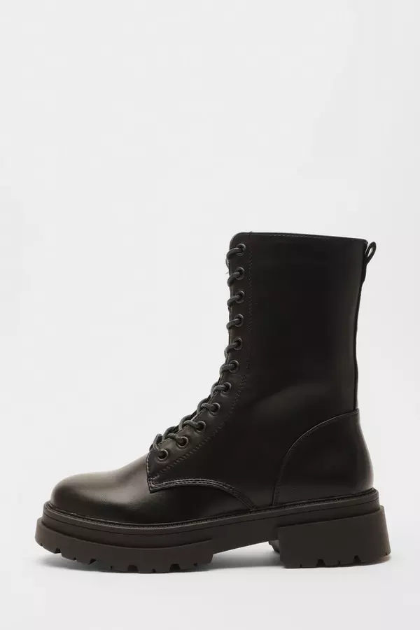Black Faux Leather Lace Up Boots
