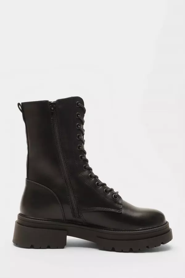 Black Faux Leather Lace Up Boots