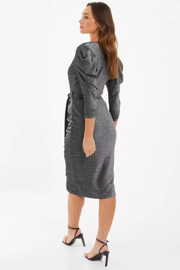 Grey Shimmer Ruched Midi Dress