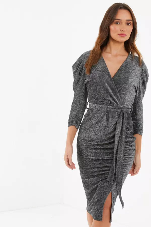 Grey Shimmer Ruched Midi Dress