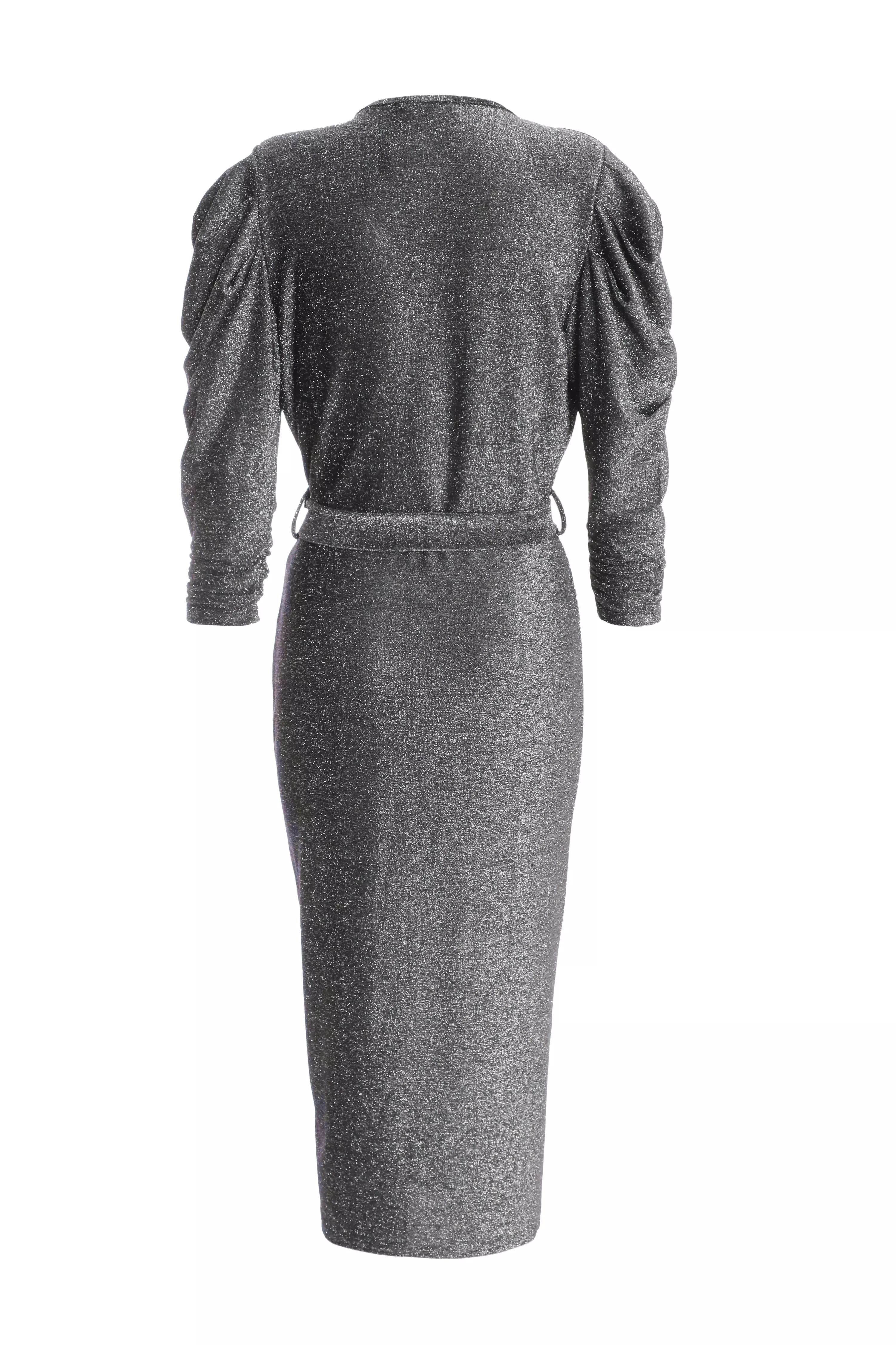 Grey Shimmer Ruched Midi Dress