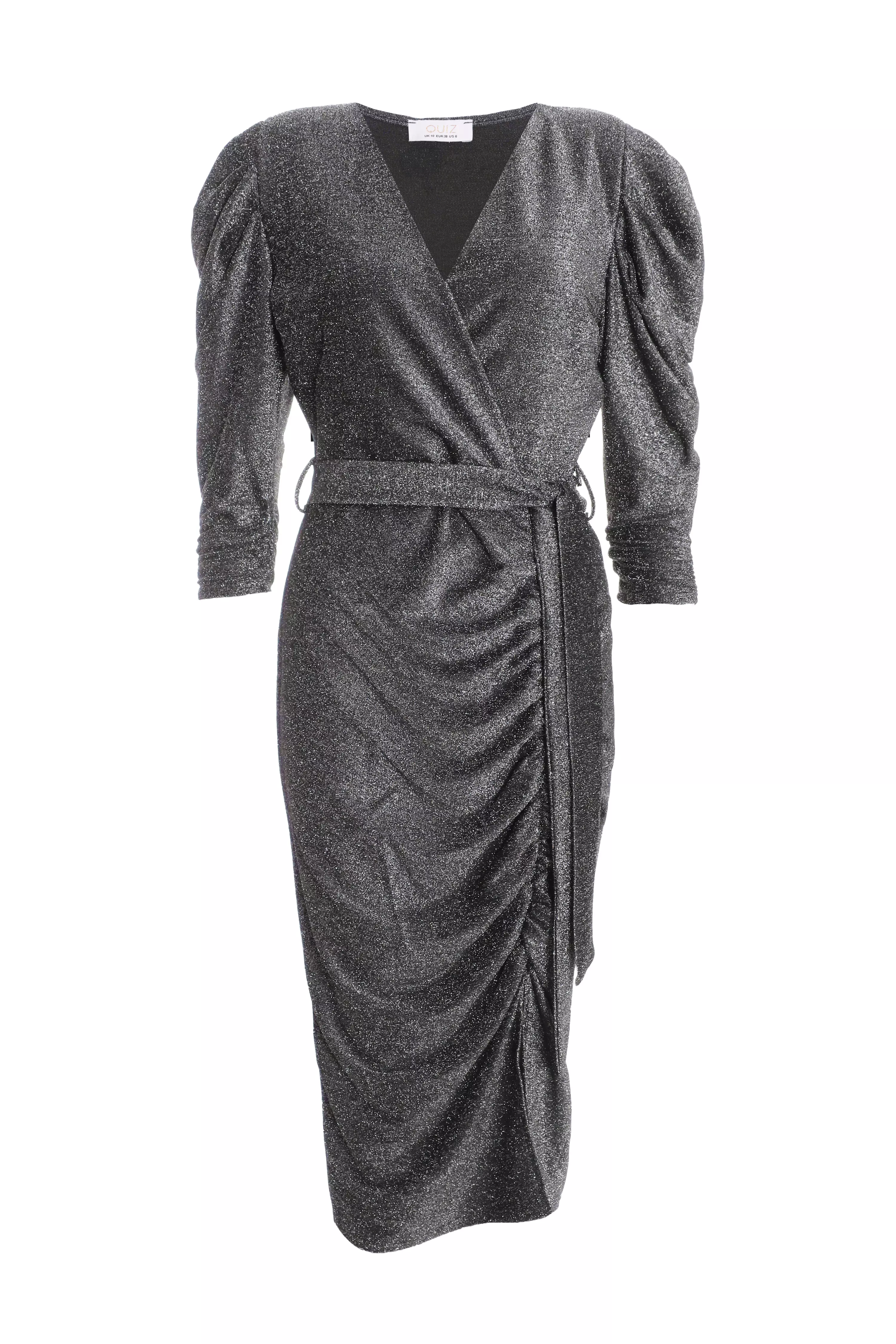 Grey Shimmer Ruched Midi Dress