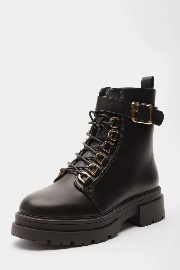 Black Faux Leather Chunky Buckle Boots