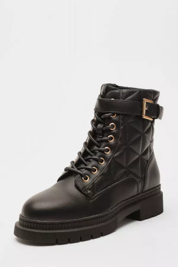 Black Faux Leather Quilted Buckle Boots
