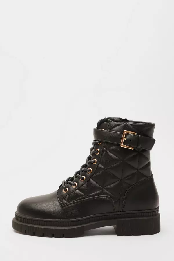 Black Faux Leather Quilted Buckle Boots
