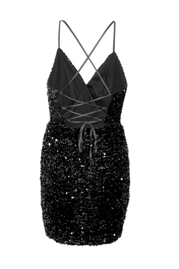 Black Sequin Open Back Mini Dress