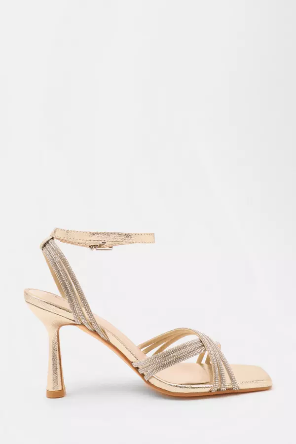 Gold Diamante Strap Heeled Sandals