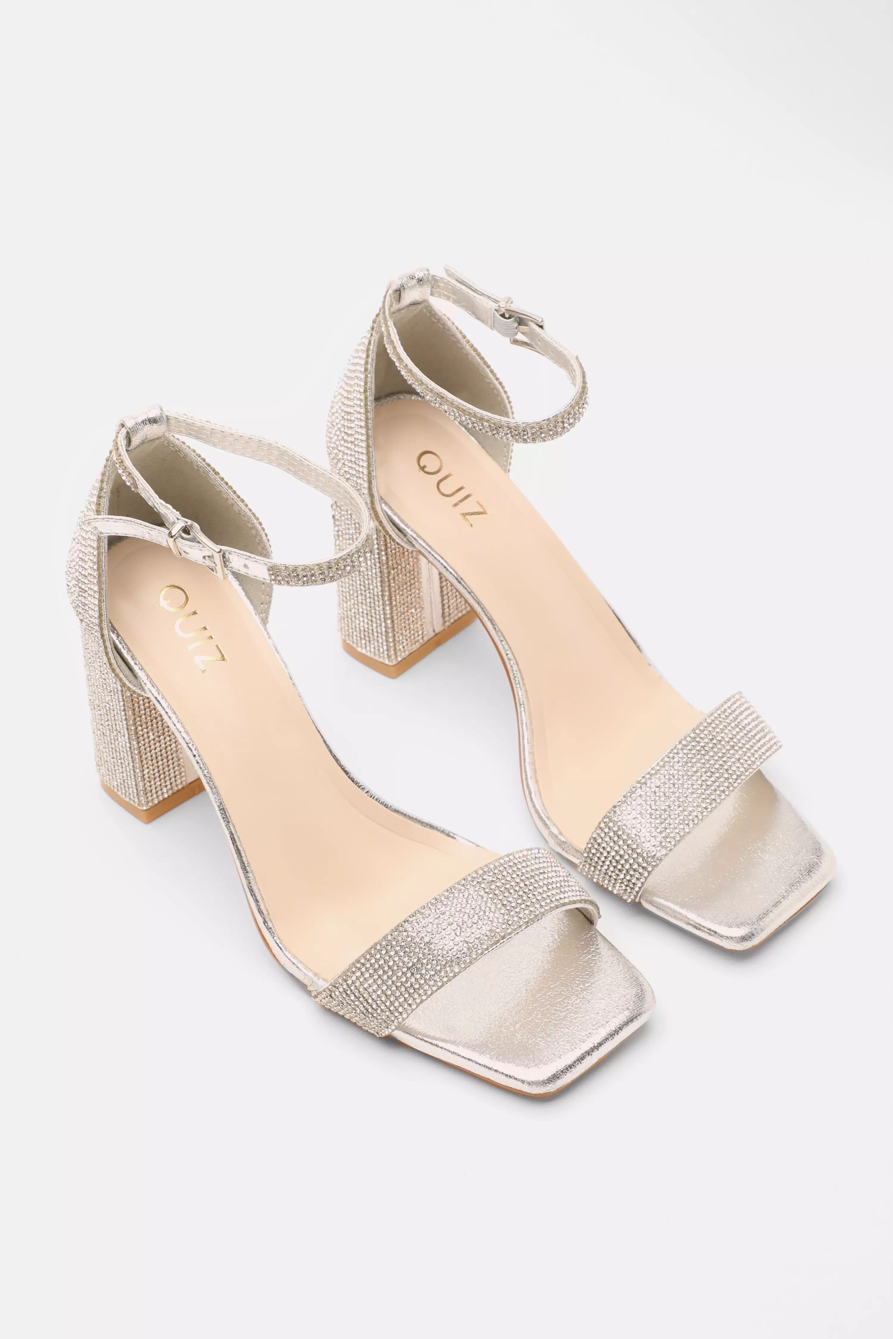 Silver Diamante Block Heeled Sandals
