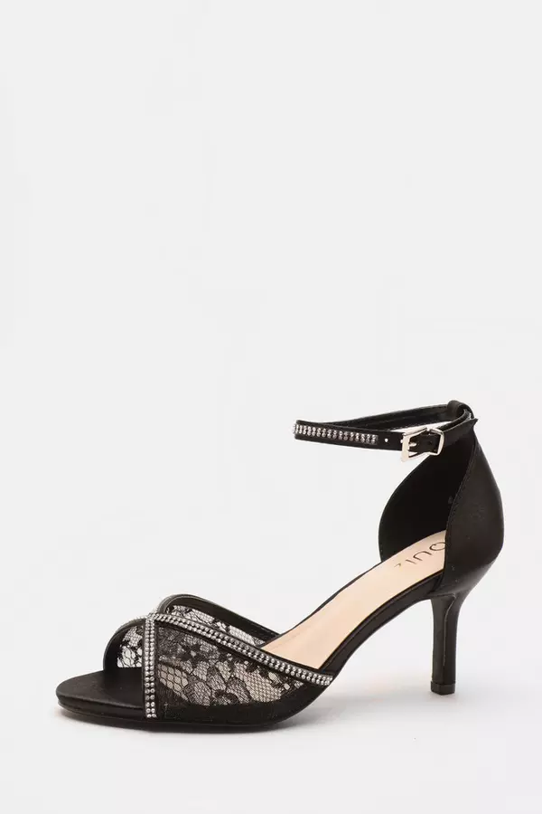 Black Diamante Lace Front Low Heeled Sandals
