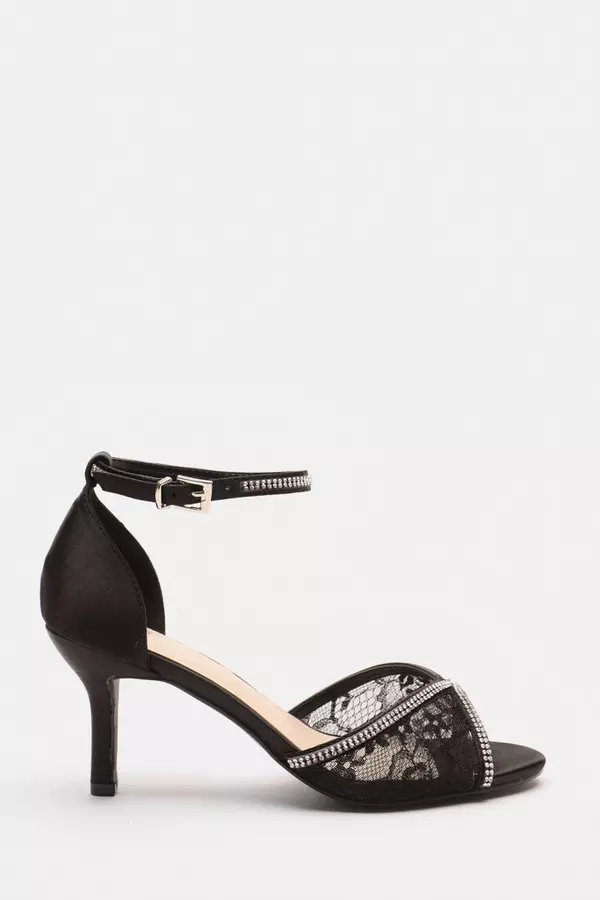 Black Diamante Lace Front Low Heeled Sandals