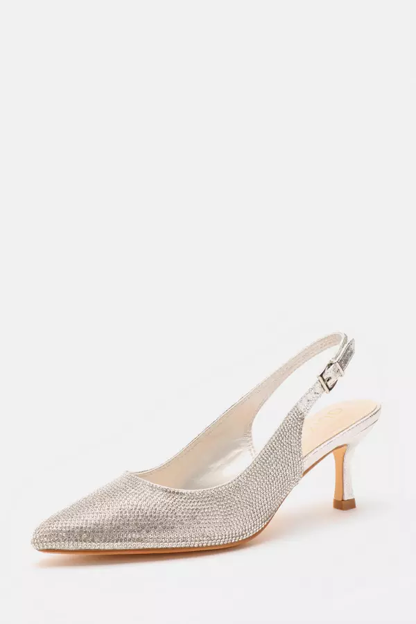 Silver Diamante Low Court Heel