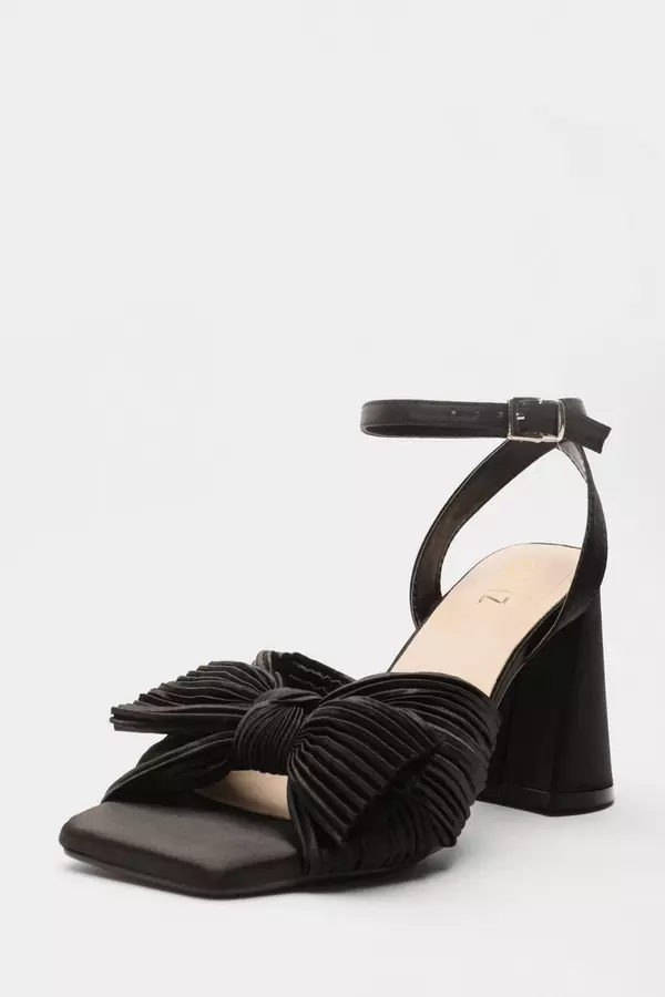 Black Pleated Bow Front Heeled Sandals
