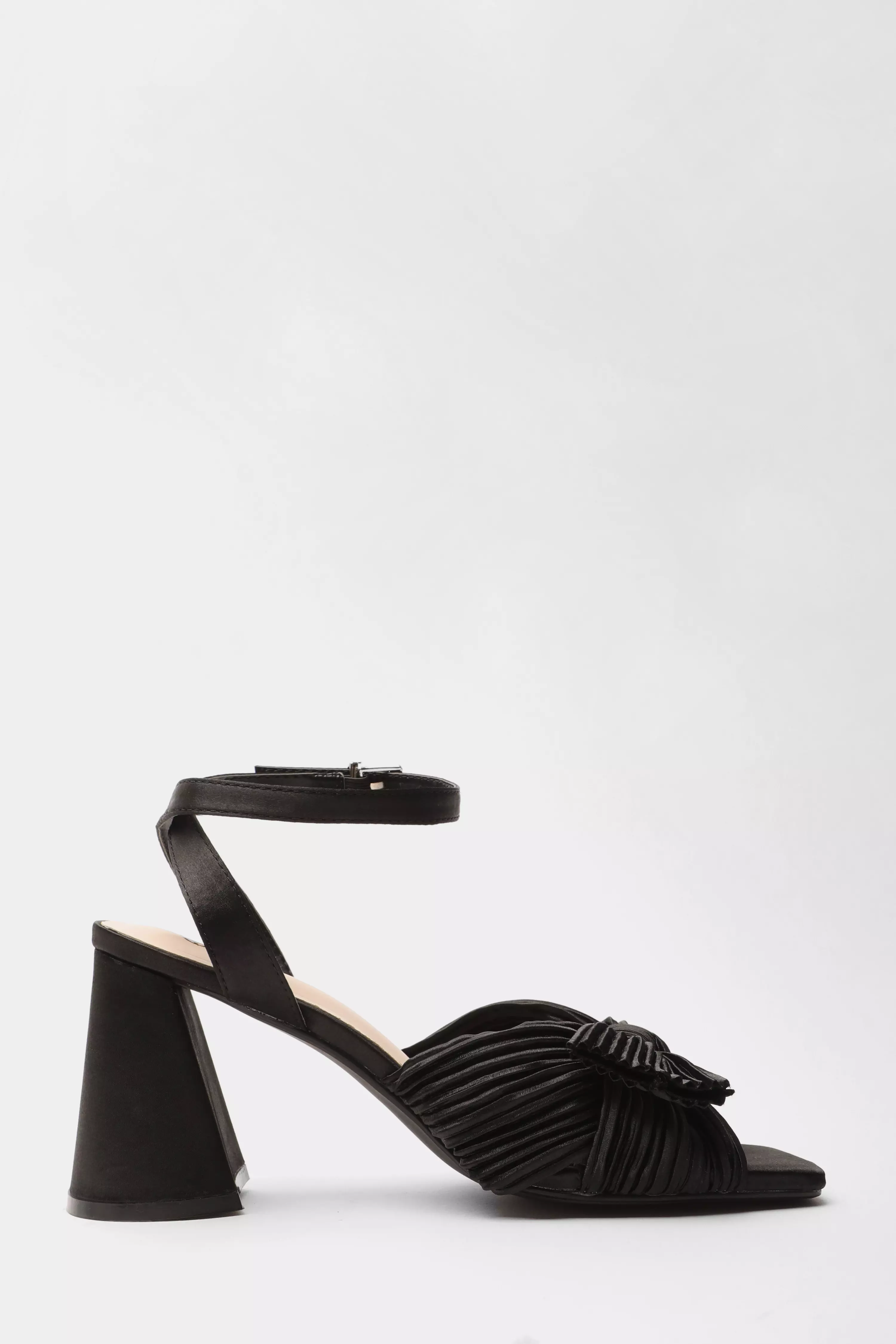 Black Pleated Bow Front Heeled Sandals