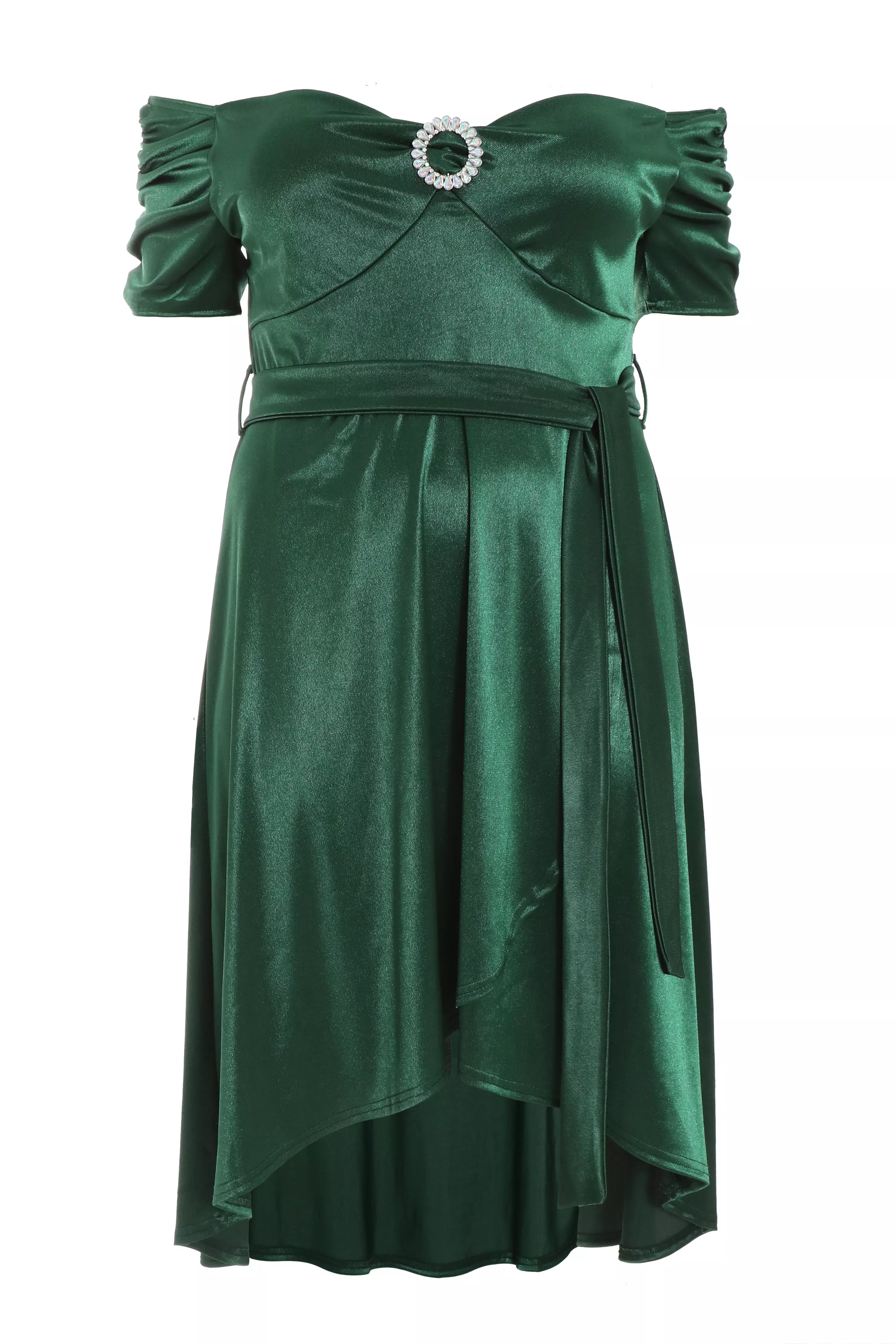 Curve Bottle Green Satin Dip Hem Midi Dress