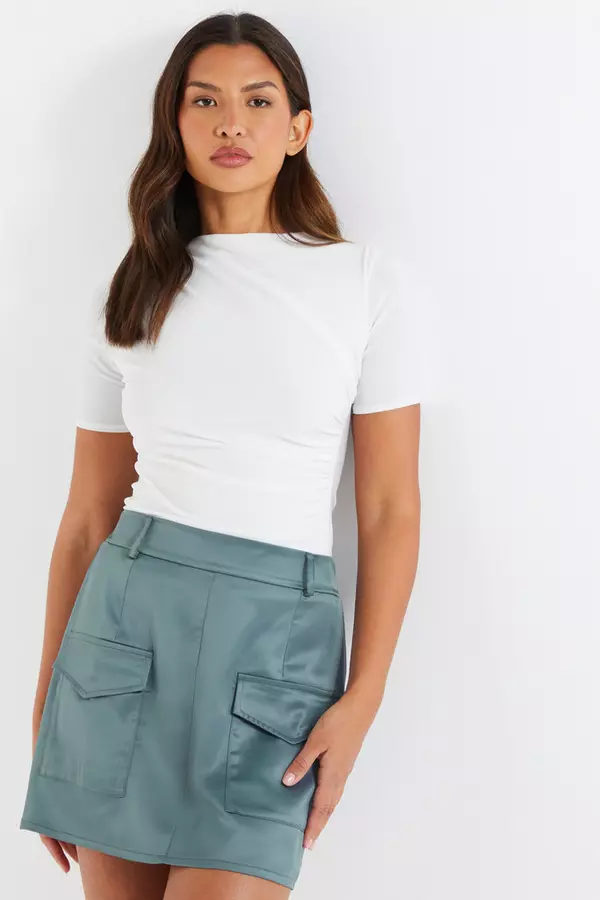 Grey Satin Cargo Mini Skirt