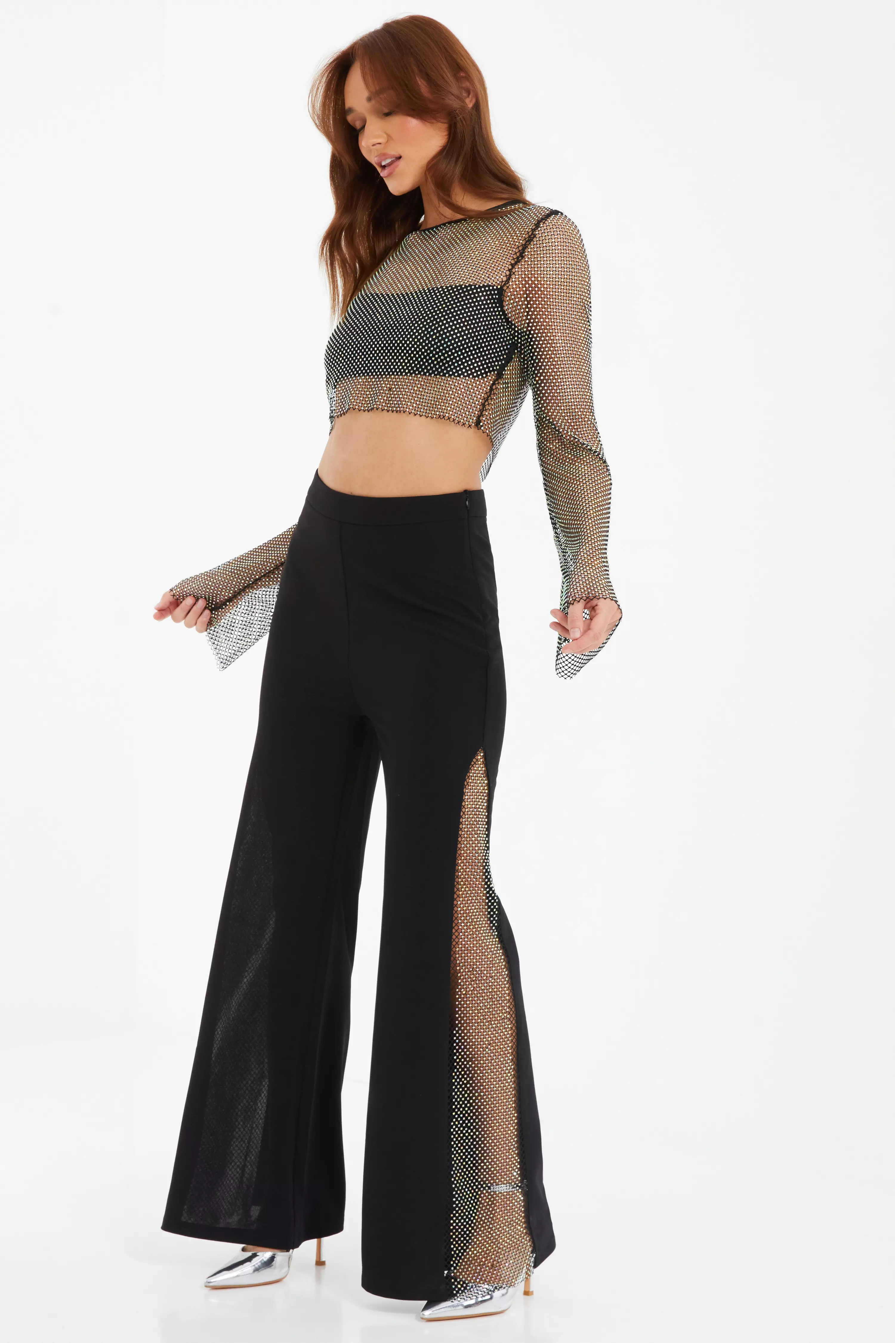 Black Diamante Embelished Wide Leg Trousers