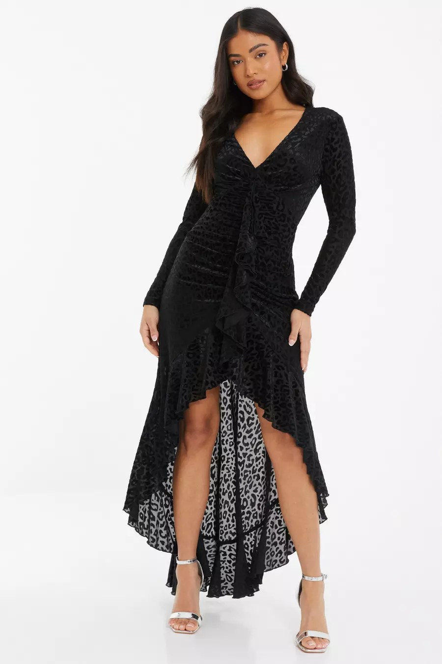 Petite Black Animal Print Velvet Ruffle Maxi Dress QUIZ Clothing