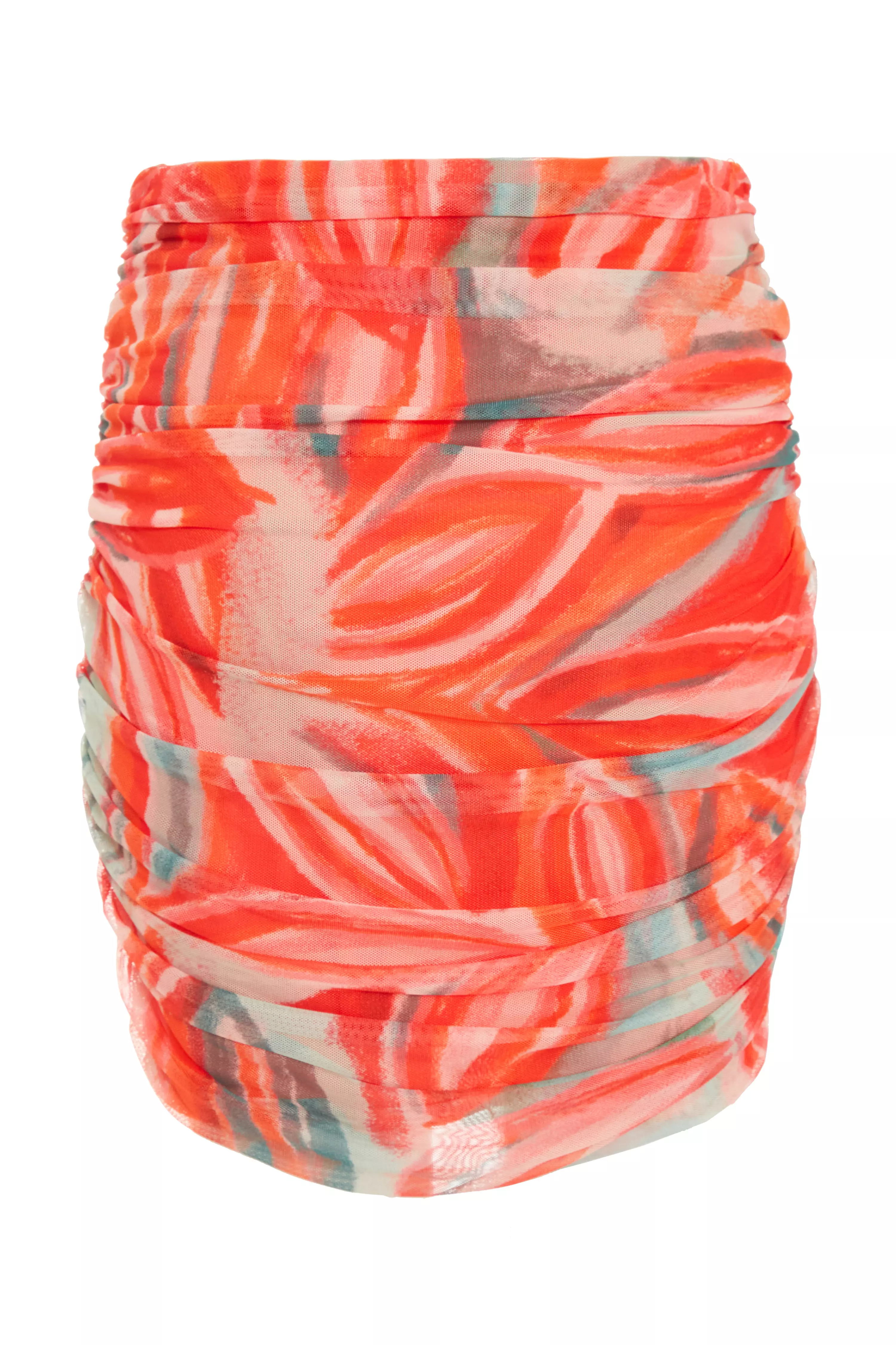 Orange Marble Print Ruched Mini Skirt