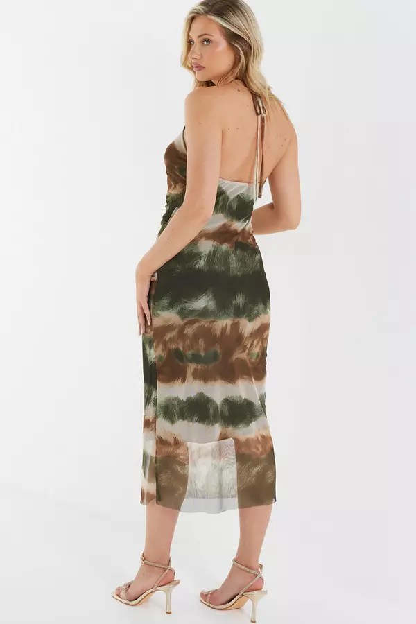Khaki Marble Print Bodycon Midi Dress