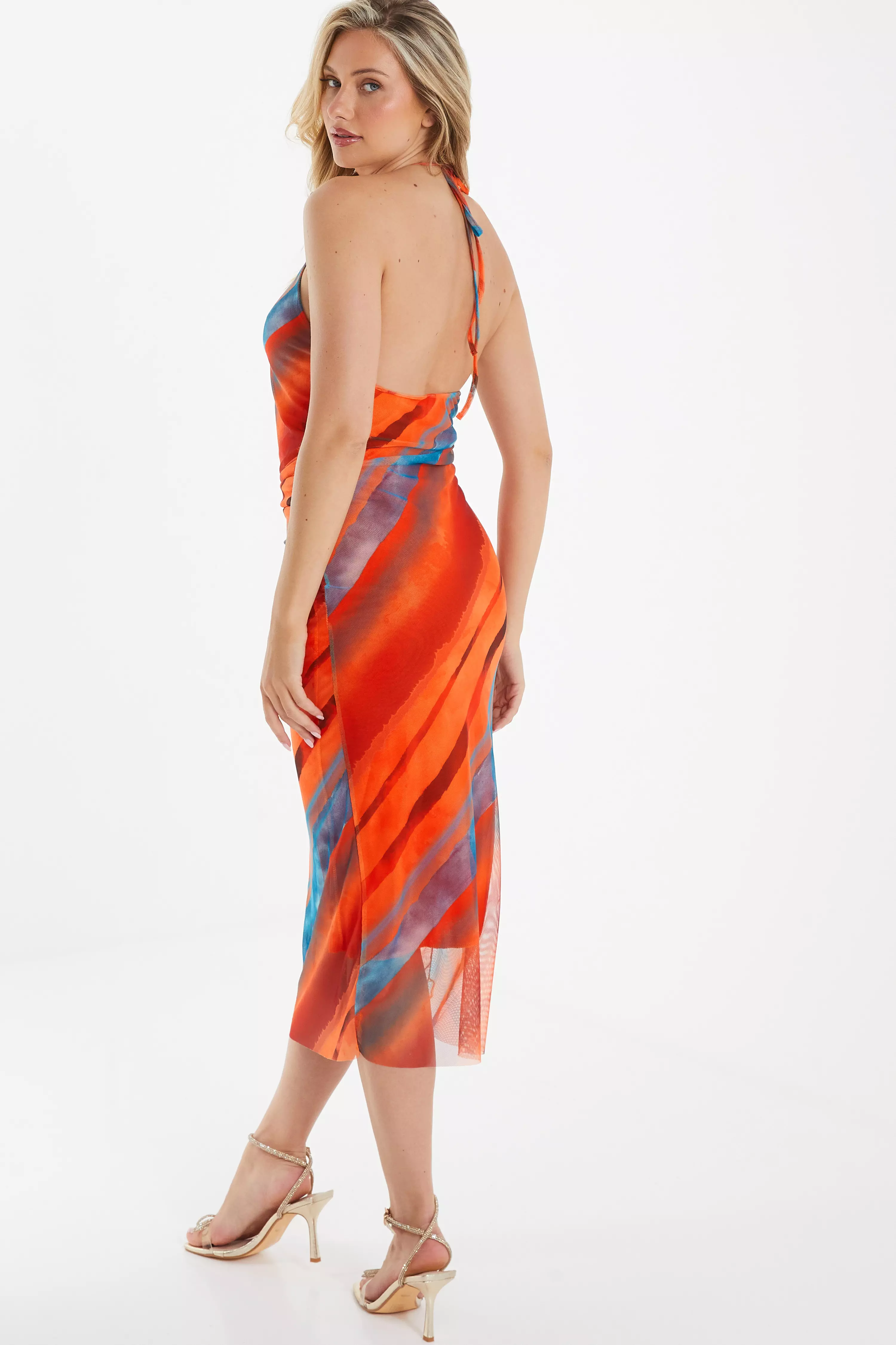 Orange Marble Print Bodycon Midi Dress