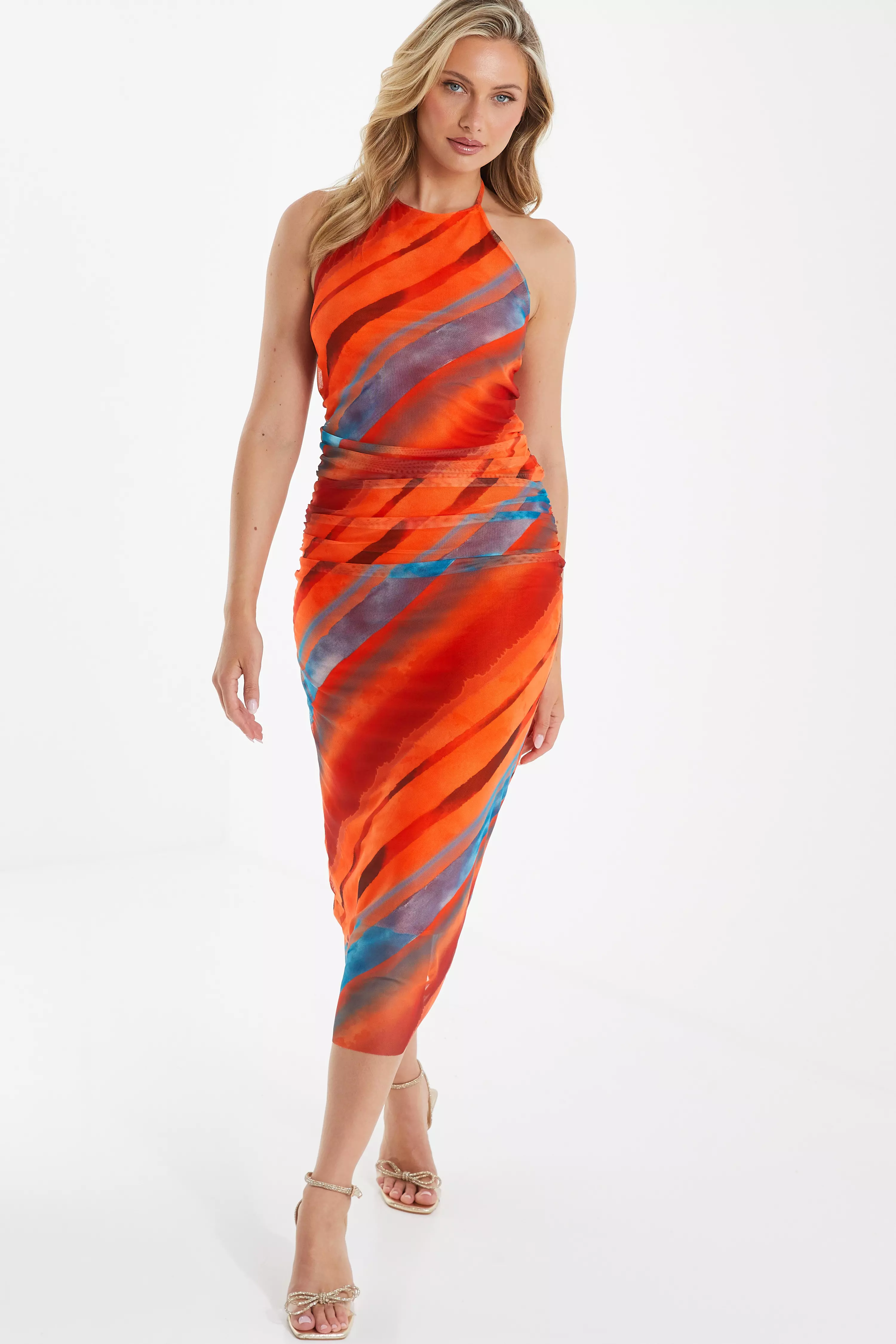 Orange Marble Print Bodycon Midi Dress