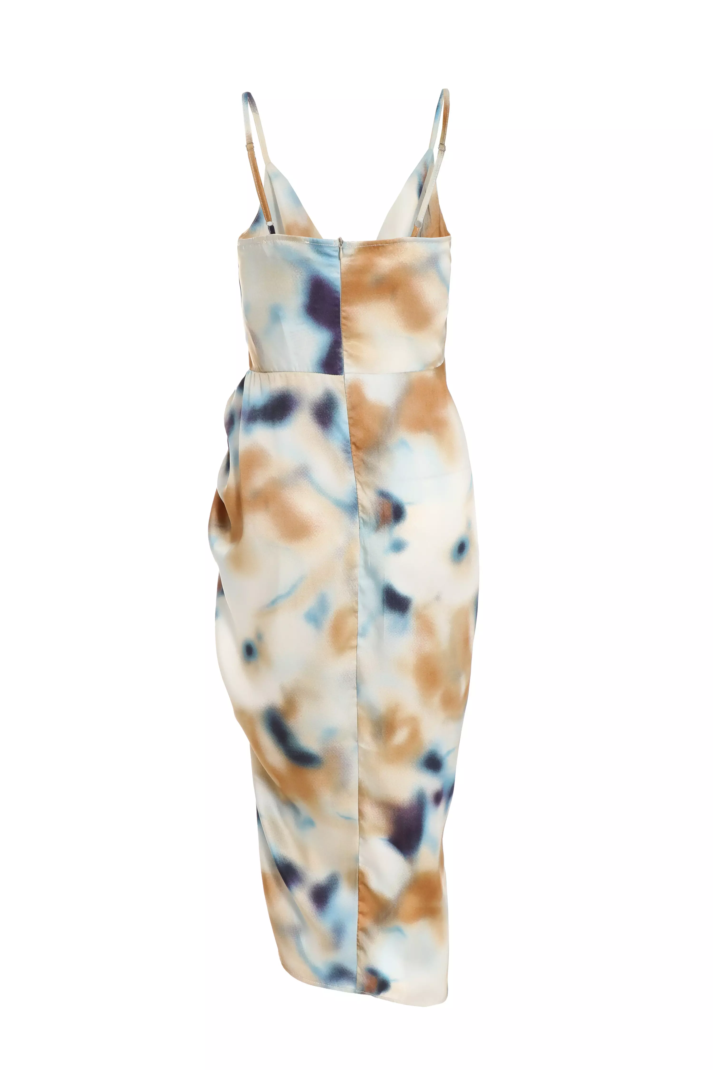 Multicoloured Marble Print Satin Ruched Midi Dress