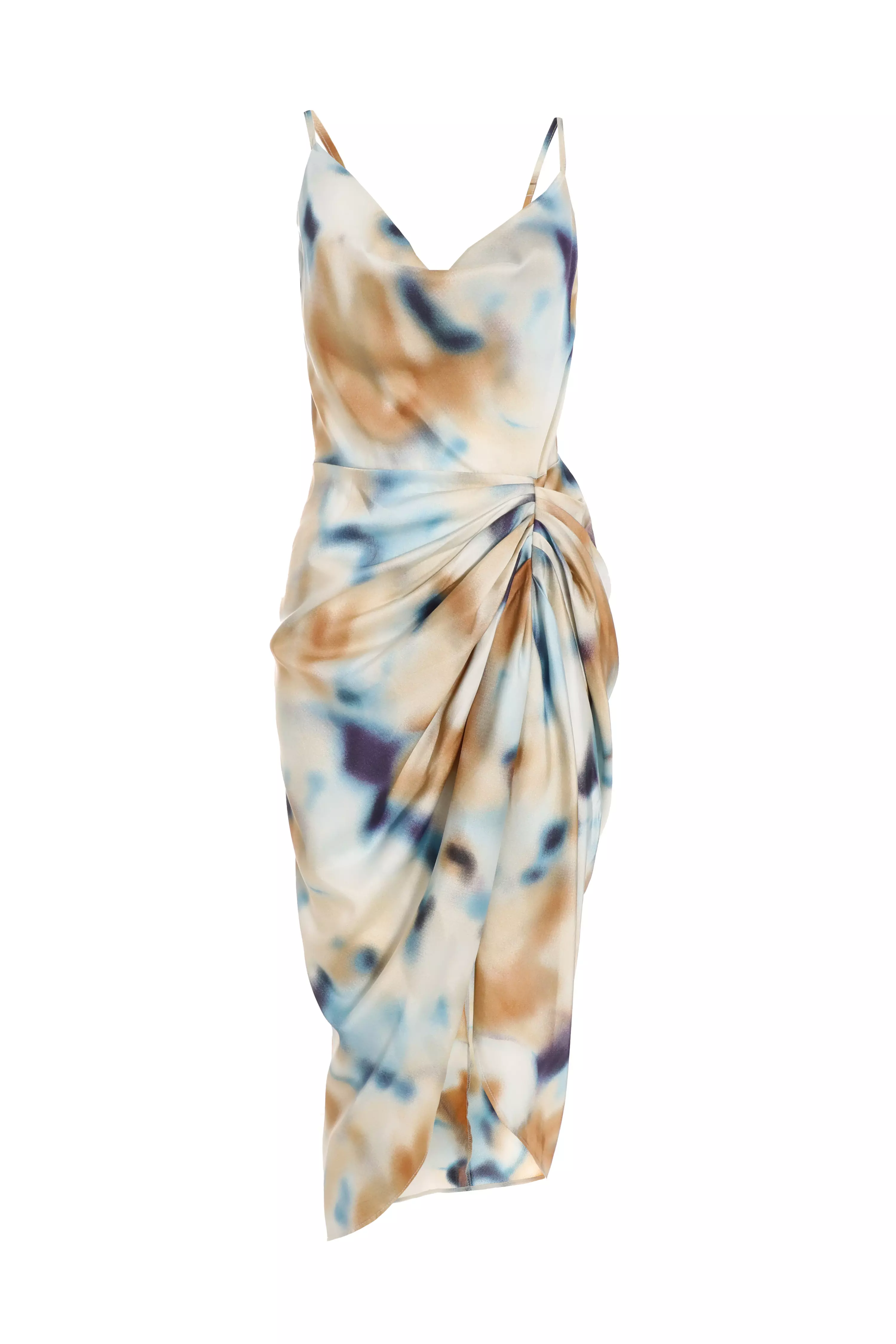 Multicoloured Marble Print Satin Ruched Midi Dress