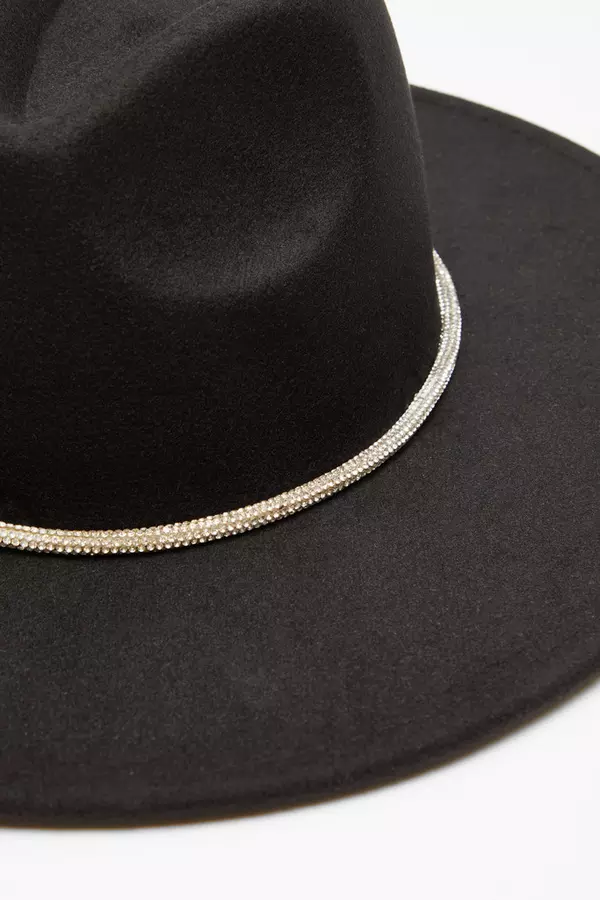 Black Diamante Trim Fedora Hat