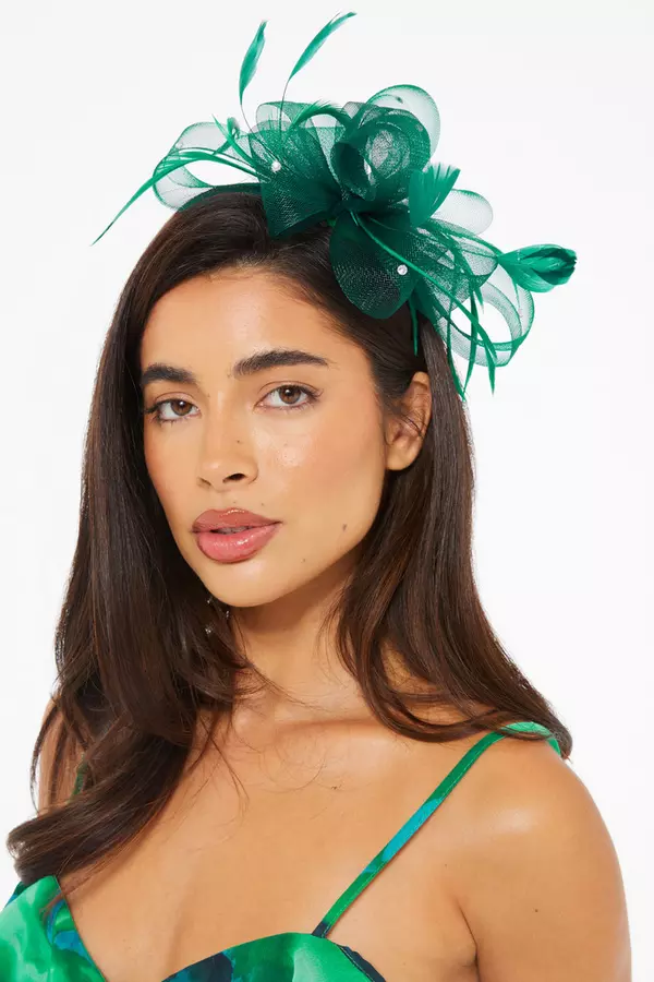 Jade Green Diamante Feather Headband Fascinator