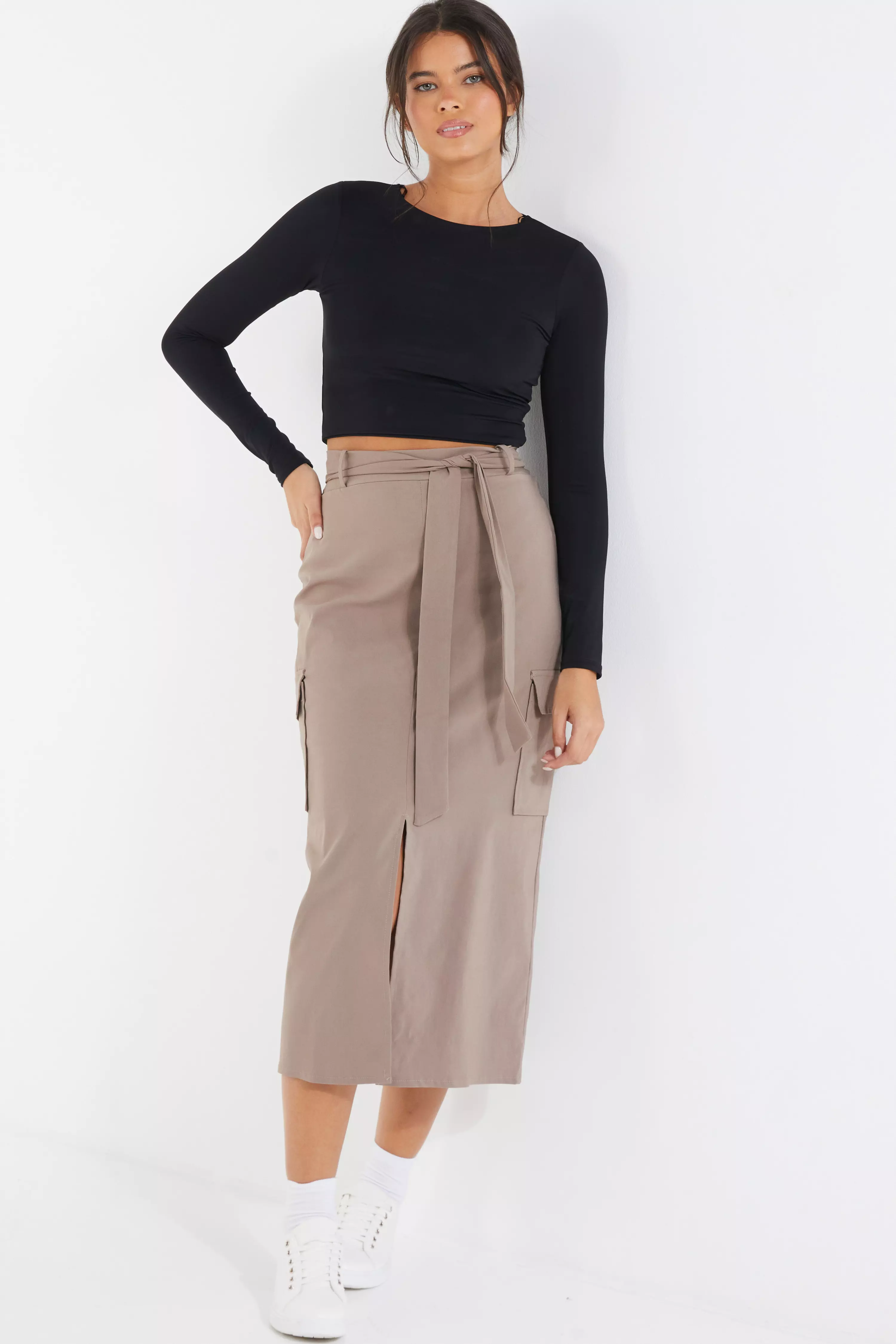 Brown Cargo Midi Skirt