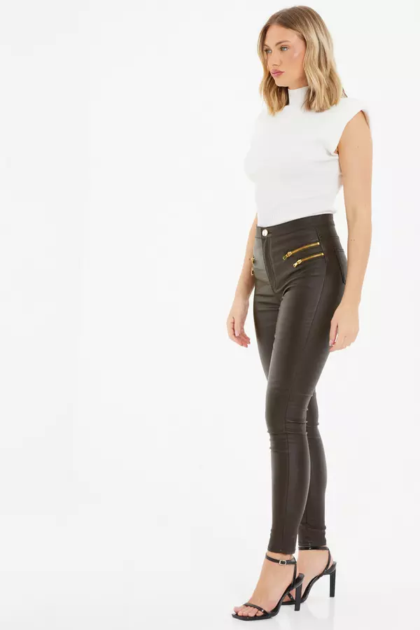 Brown Faux Leather Zip Skinny Trousers