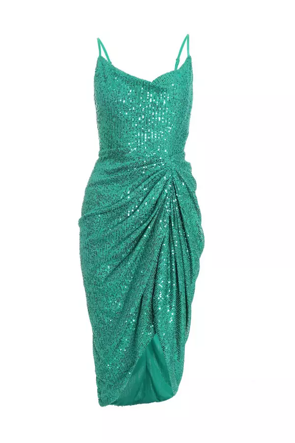 Petite Jade Green Sequin Ruched Midi Dress