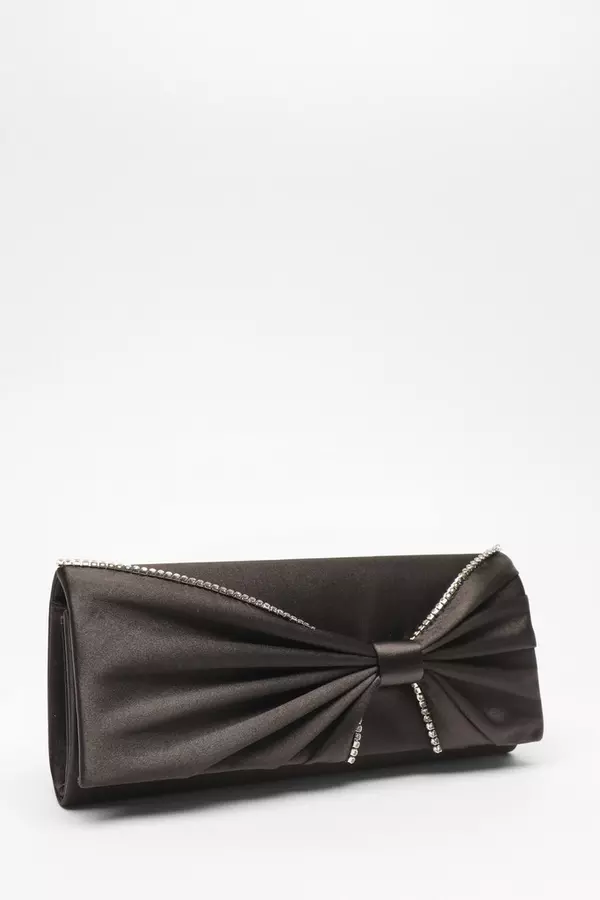 Black Satin Diamante Bow Clutch Bag